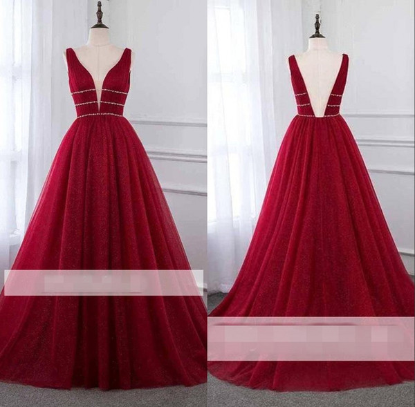 Elegant Red A Line Evening Dresses with Beadings Deep V Neck Cut Back Prom Party Gown BC1864