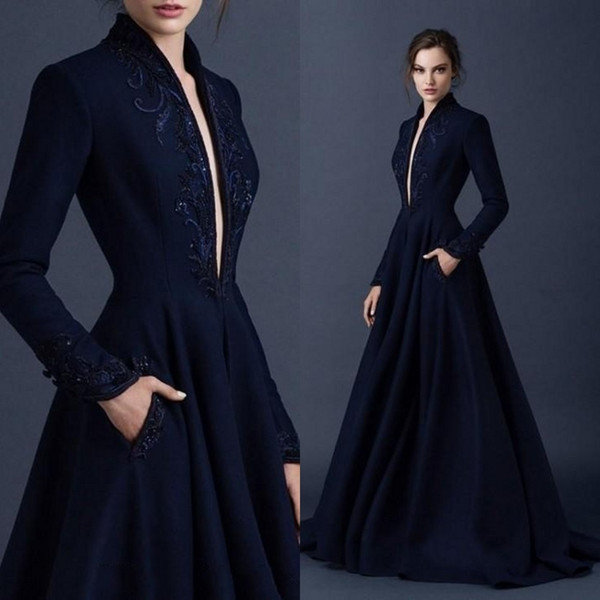 Vintage Navy Blue Satin Evening Dresses Embroidery Paolo Sebastian Dresses Beaded Party Ball Gown Plunging V Neck Prom Dress BA9490