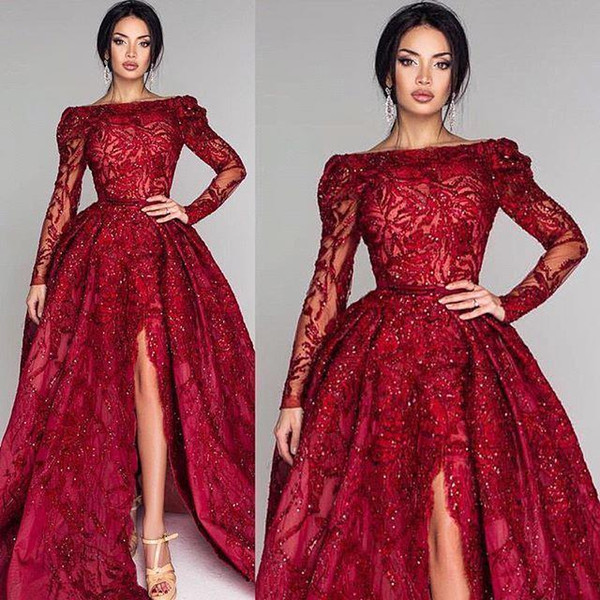 Dark Red Illusion Bodices Formal Party Evening Dresses New Long Sleeves Sexy Backless Side Split Prom Gowns Satin Lace Beads Custom