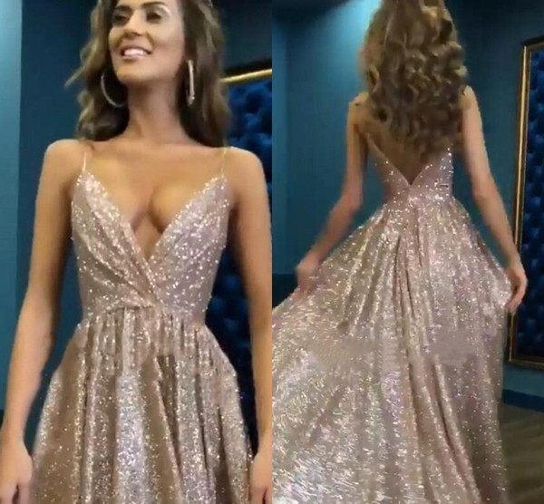 Deep V Neck A Line Evening Dresses Blingbling Sequins V Cut Back Prom Party Gown Formal Wear BC0494