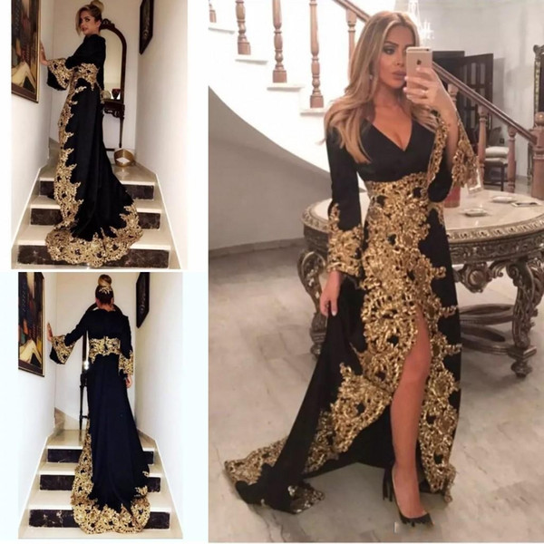 Black Lace Appliques Muslim Evening Dresses With Long Sleeves Gold Embrodiary Formal Celebrity Gowns High Split Saudi Arabic Prom Dress