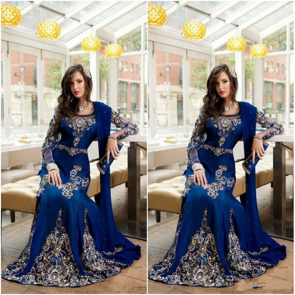 Modest Royal Blue Luxury Crystal Muslim Arabic Evening Dresses With Applique Lace Abaya Dubai Kaftan Long Formal Prom Party Gowns