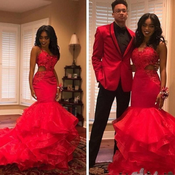 New Red African Black Girls Tiered Prom Dresses Organza Cutaway Lace Appliques Beads Tiered Mermaid Evening Gowns Party Vestidos