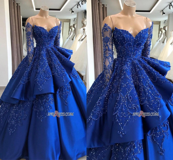 Royal Blue A Line Satin Formal Evening Dresses Sweetheart Sheer Long Sleeves Lace Appliqued Beaded Prom Dresses BC1125