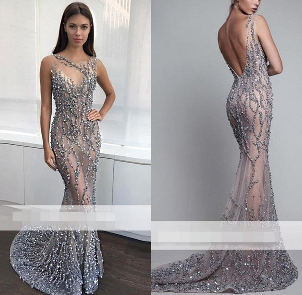 Silver Beaded Elegant Evening Dresses V Cut Backless Sleeveless Jewel Neck Gorgeous Prom Party Gown BC1330