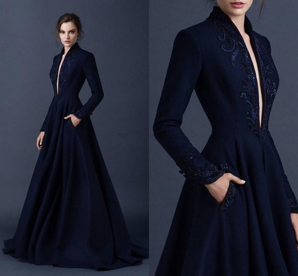 Navy Blue Satin Evening Dresses Embroidery Paolo Sebastian Dresses Custom Made Beaded Formal Party Wear Ball Gown Plunging V Neck Ball Gowns