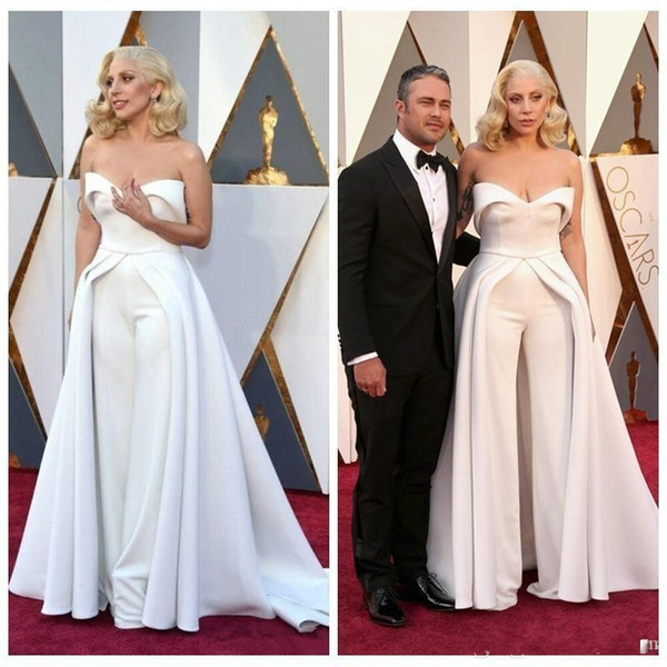 New Fashion 88th Oscar Lady Gaga Jumpsuits Evening Dresses White Sweetheart Sassy Celebrity Dress Trousers Sexy Red Carpet Prom Dresses