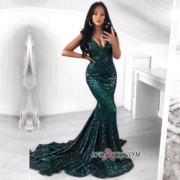 Vintage Arabic Hunter Green Sequined Mermaid Evening Dresses Deep V Neck Long Prom Gowns Cheap Formal Party Fashion Wear