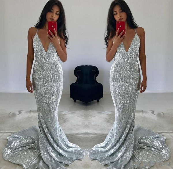 Formal Party Evening Dresses Custom Made Silver Sexy Spaghetti Straps Sequins Mermaid Long Prom Dresses Ruched Backless Sweep Train