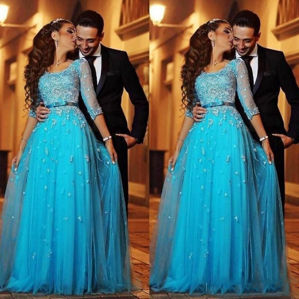 Aso Ebi Style Ocean Blue Arabic Evening Dresses Scoop Half Sleeves Lace Applique A-line Tulle Prom Dress Vintage Cheap Party Gowns