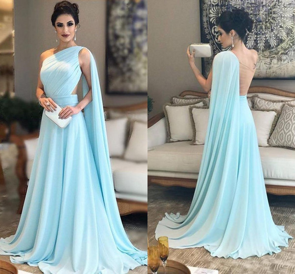 New Elegant One Shoulder Cheap Evening Dresses Sky Blue Pleated Formal Prom Party Gown Dubai Pageant Dresses BM0639