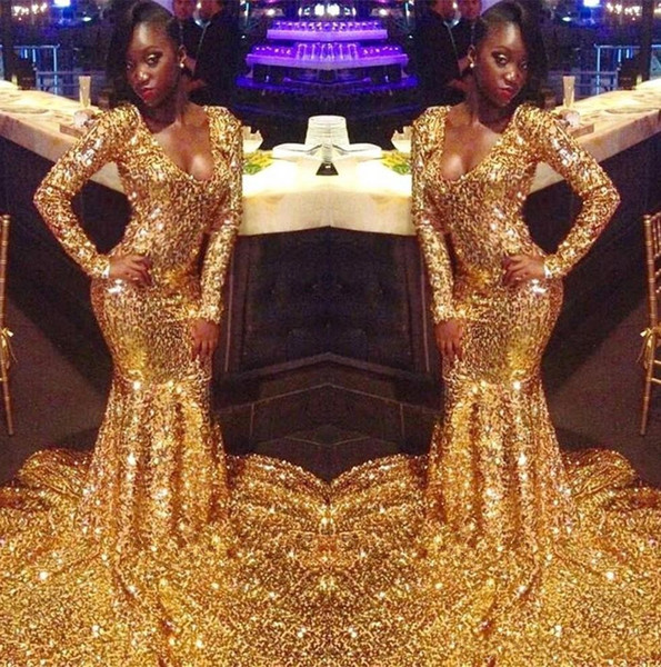 Sparkly Gold Sequins Long Evening Dresses V Neck Long Sleeves Mermaid Formal Party Prom Dresses BC1303