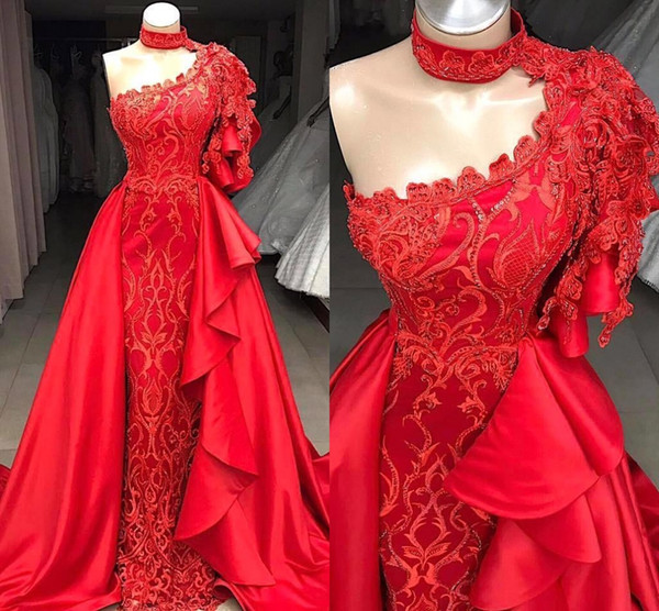 New Red One Shoulder Formal Evening Dresses Lace Appliques Beaded With Detachable Skirt Mermaid Long Prom Dresses Fashion Wear BC0693