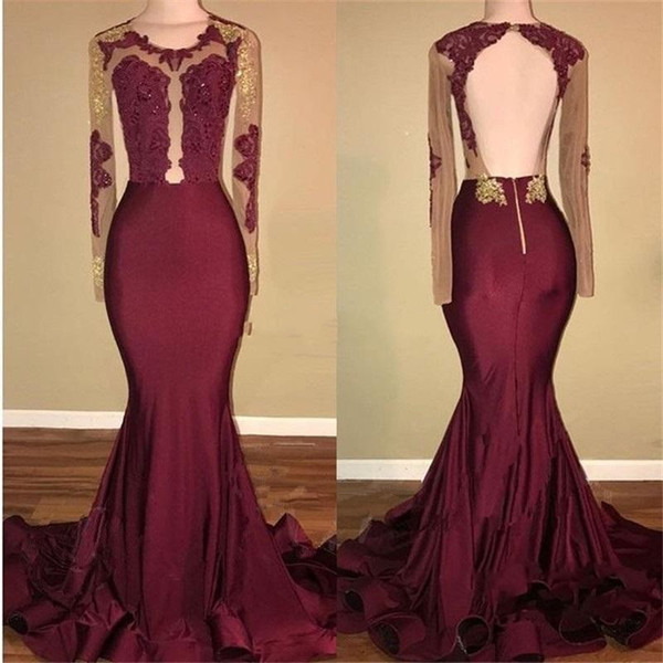 Burgundy Long Sleeves Evening Dresses Crew Sheer Neck Plus Size With Gold Lace Prom Gowns