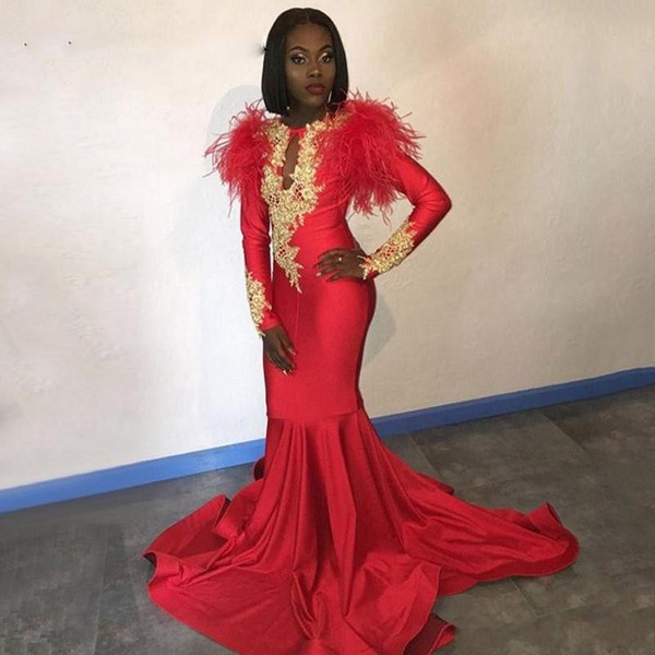 Modest African Red 2K19 Evening Dresses Long Sleeves Gold Appliques Feathers Satin Formal Mermaid Prom Dress Black Women Party Gowns