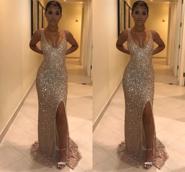 Gorgeous Sequin Evening Dresses Sexy Mermaid V Neck Black Girls Prom Gowns With Front Split Long Women Occasion Dress BC1027