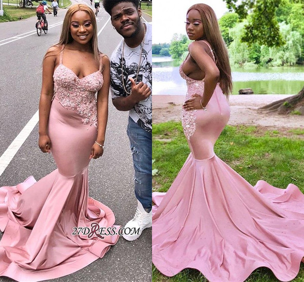 New Arabic Black Girls Pink Prom Dresses Mermaid Spaghetti Straps Backless Long For Party Evening Gowns With Beads Appliques BC0979