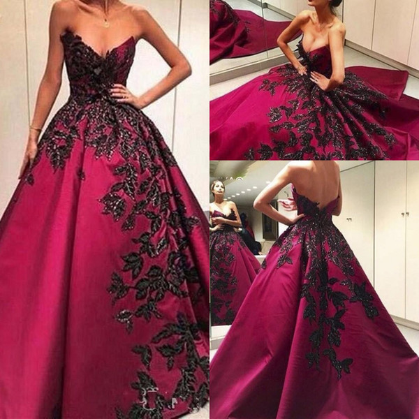 Sexy Evening Dresses Wear Sweetheart Burgundy Satin Black Lace Appliques Backless Beaded Long Prom Gowns Plus Size Formal Party Dress