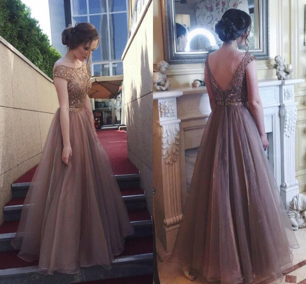 Elegant Off Shoulder A Line Evening Dresses Appliques Beadings V Cut Back Prom Party Gown Formal Wear BC0392