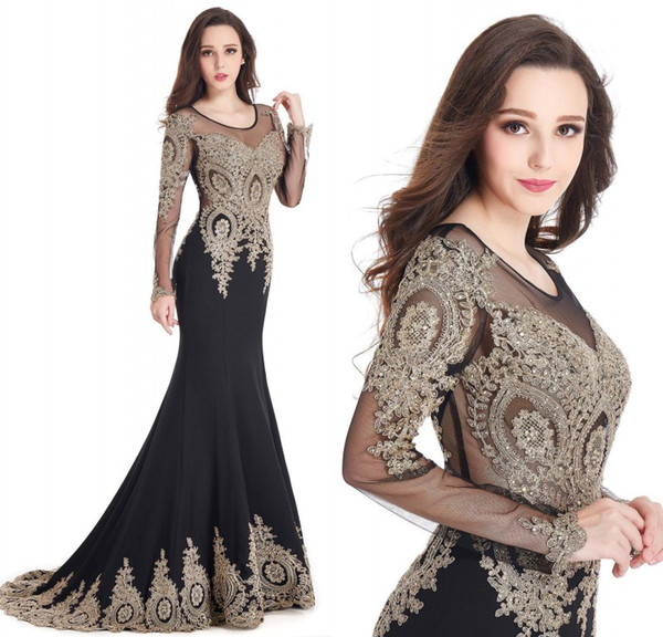 2022Gold Lace Appliqued Black Mermaid Evening Dresses Jewel Sheer Long Sleeves Sequined Sweep Train Formal Evening Party Gowns CPS404