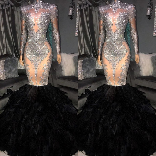 Hot Sale Crystal Prom Evening Dresses Vintage Mermaid Long Sleeve Formal Party Gown Sheath Feather Pageant Dress BC1265