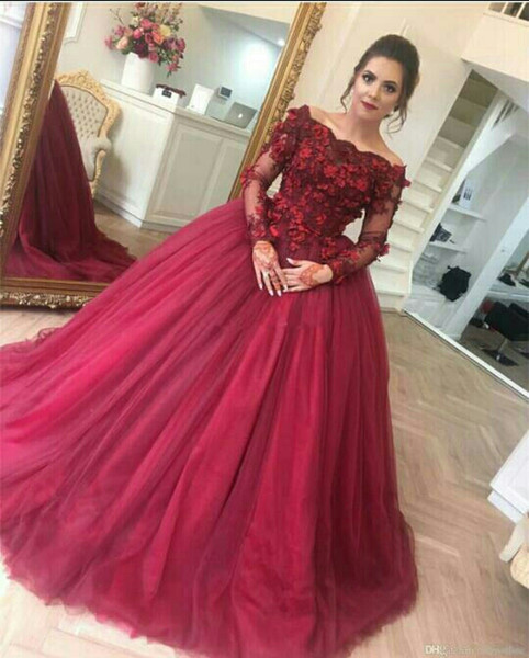 New Dark Red Off the Shoulder Evening Dresses Long Sleeves Appliqued Lace Ball Gown Prom Dresses Tulle Party Wear