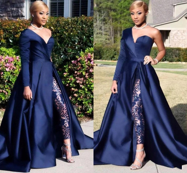 Elegant One Shoulder Long Sleeve Evening Dresses Pant Suits A Line Dark Navy Split Prom Party Gowns Jumpsuit Celebrity Dresses BC0282