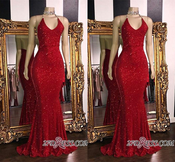 Real Photos Red Sparkling Sequins Mermaid Long Prom Dresses Halter Beaded Backless Sweep Train Formal Party Evening Dresses BC1085