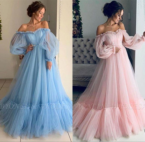Off Shoudler Puffy Tulle Evening Dresses with Poet Sleeves Strapless Prom Party Gown BC1814