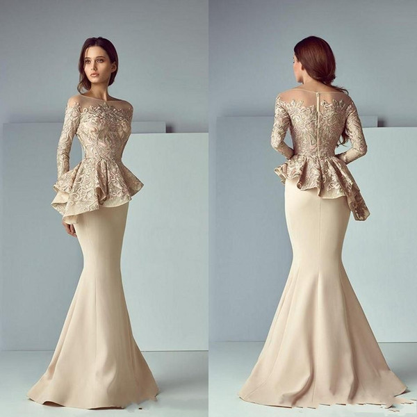 Elegant Champagne Lace Stain Peplum Long Evening Dresses Sheer Neck Long Sleeve Dubai Arabic Mermaid Prom Dress BA8170