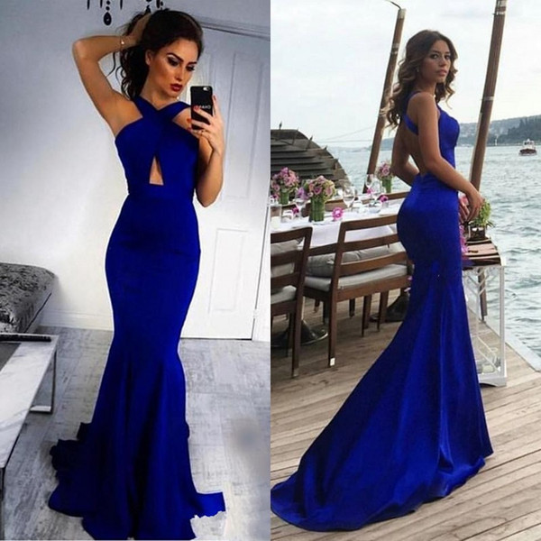 Sexy Royal Blue Mermaid Evening Dresses Cheap Bridesmaid Dresses Backless Satin Simple Keyhole Long Prom Dress Sweep Train Party Gowns