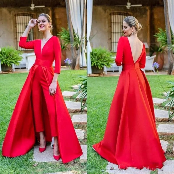 Designed Red 3/4 Sleeve Evening Dresses Pants Suit Sweep Train V Cut Back Prom Party Gown Mother Pants Suit BC1821