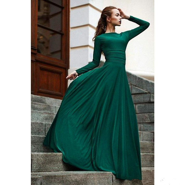 Simple emerald green modest Prom Dresses long sleeves Sexy jewel neck muslim Sweep Train Long Party Dresses Evening Gowns Formal Wear