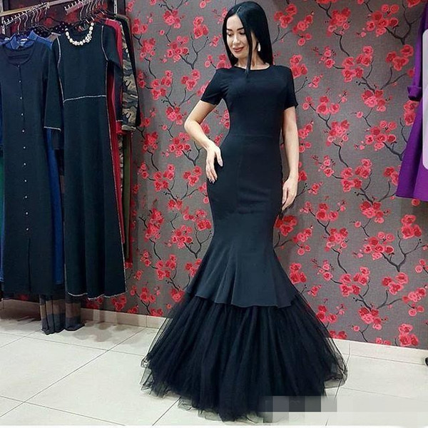 Elegant Modest Black Mermaid Evening Gowns Long Simple African formal Party Dresses prom wear trumpet Tulle Skirt Prom Gowns plus size