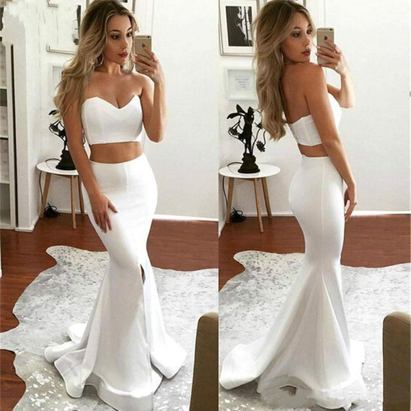 White Two Pieces Long Prom Dresses Formal Dresses Party Evening Wear Mermaid Sweetheart Sleeveless Long Celebrity Evening Gowns