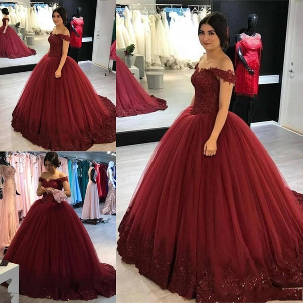 Burgundy Off The Shoulder Evening Dresses Ball Gown Capped Sleeves Princess Saudi Cheap Prom Quinceanera Gowns Custom Made