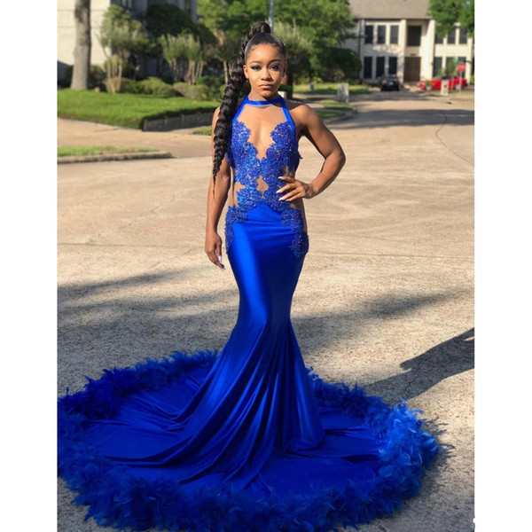 Sexy Prom Dresses for African Black Girl Lace Appliques Feather Court Train Mermaid Formal Evening Dresses Party Prom Wear