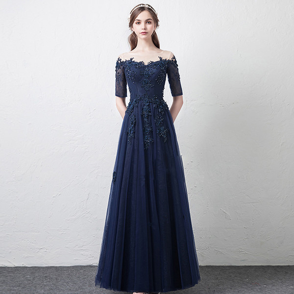 Vintage lace Navy blue evening dresses with half long sleeves jewel neck beaded lace up corset plus size formal prom party gowns