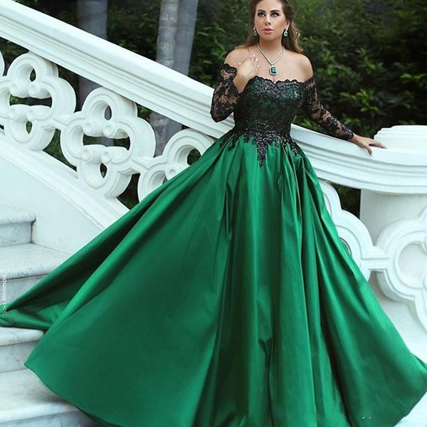 A Line Formal Evening Gowns Green Satin Black Lace Off the Shoulder Long Sleeves Prom Dresses Saudi Arabia Formal Party Dress