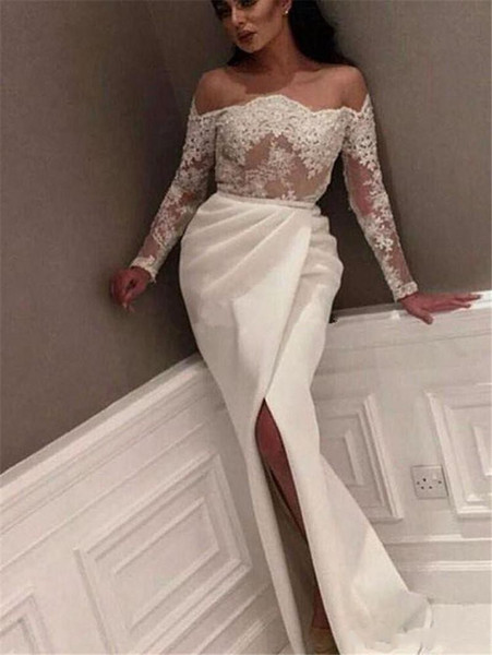 Saudi Arabic Sheath Prom Dresses Long Sleeve Off the Shoulder Dubai Kaftan Side Split Evening Gowns Elegant Robe De Soiree