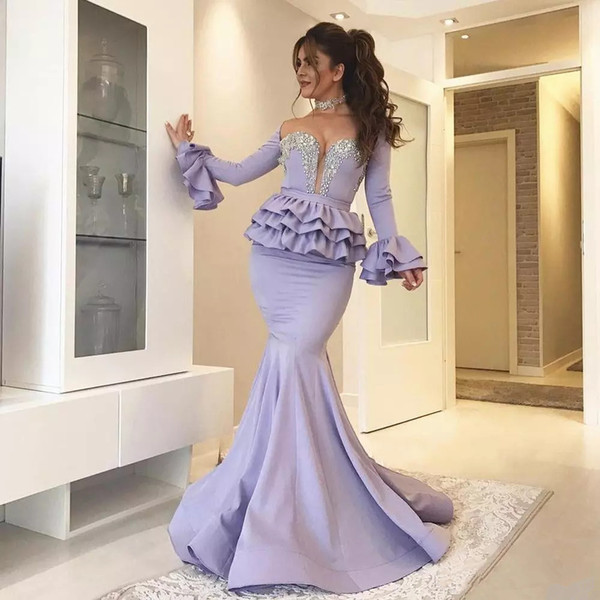 Vestidos Fashion ruffles Mermaid Evening Dresses sexy Long Sleeves Prom Dresses beaded crystals sweetheart formal prom Party Gowns