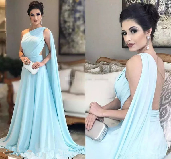 One Shoulder Light Sky Blue celebrity Evening Dresses with cape Chiffon Illusion Backless Floor Length Arabic formal prom party gowns