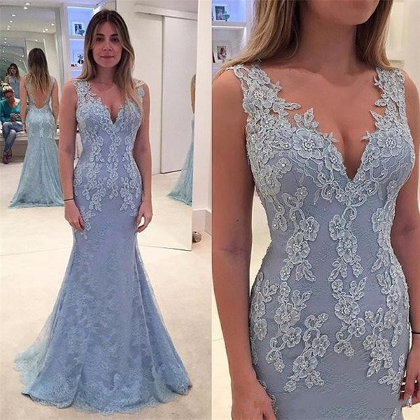 Light Blue Lace Black Girl Evening Dress Formal Wear V Neck Applique Mermaid Floor Length Formal Party Dresses