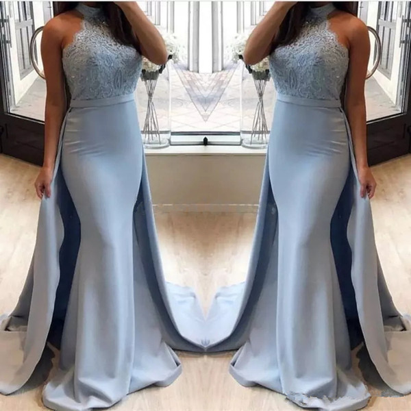 Arabic Gray Light Sky Blue Mermaid Evening Dresses chic Halter Open Back Appliques Formal celebrity Evening Party Gowns Plus Size