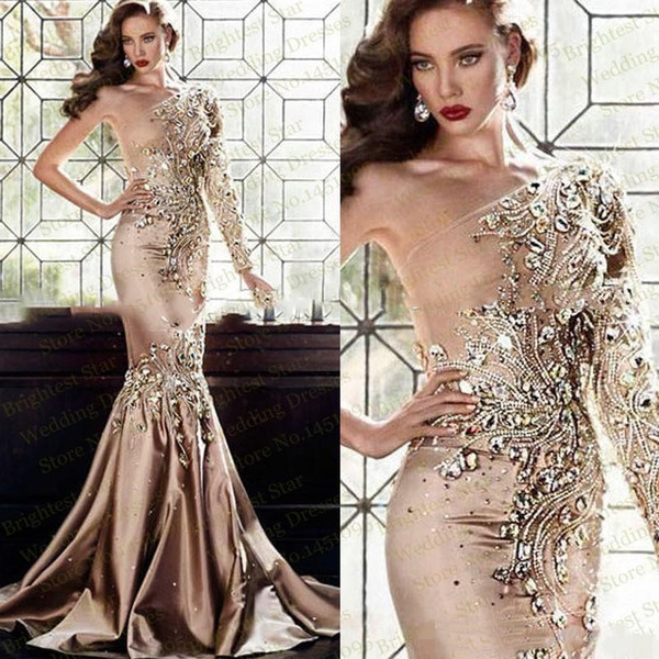 One Shoulder Mermaid Gold Prom Rhinestone Crystal Muslim One Long Sleeve Luxury Party Evening Gowns