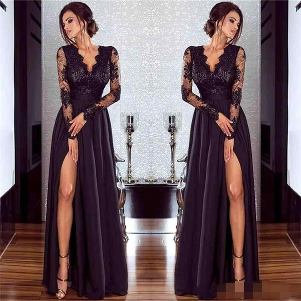 Sexy Black Prom Dresses Long High Side Split Lace V Neck Zipper Back Floor Length Formal Evening Prom Gowns