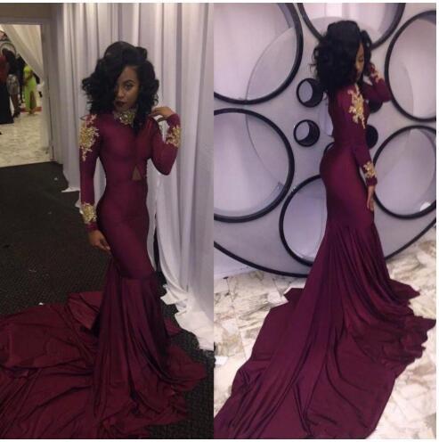 Burgundy Prom Dress Mermaid Muslim Long Sleeve New Formal Evening Gown High Neck Colorful Vintage Custom Made Gold Applique Winter