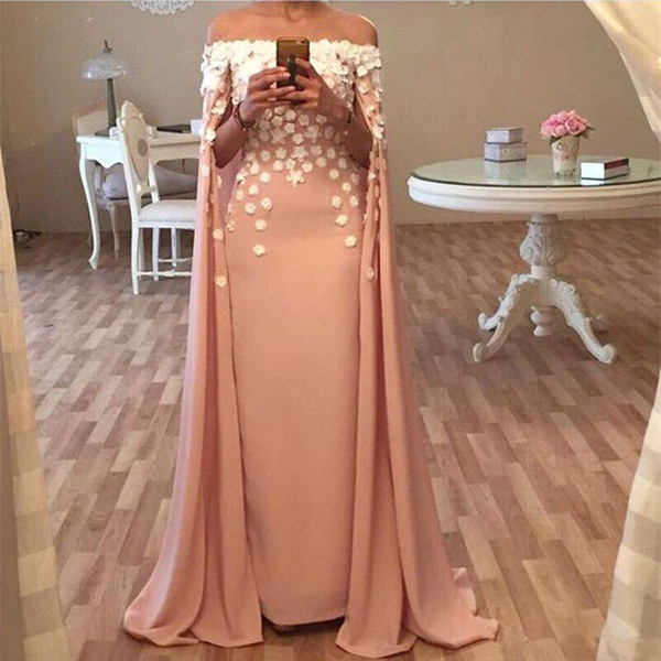 Arabic Dubai Kaftan cape boat neck Prom Dresses Handmade Flowers Off Shoulder Formal Celebrity Evening Gowns With Watteau train