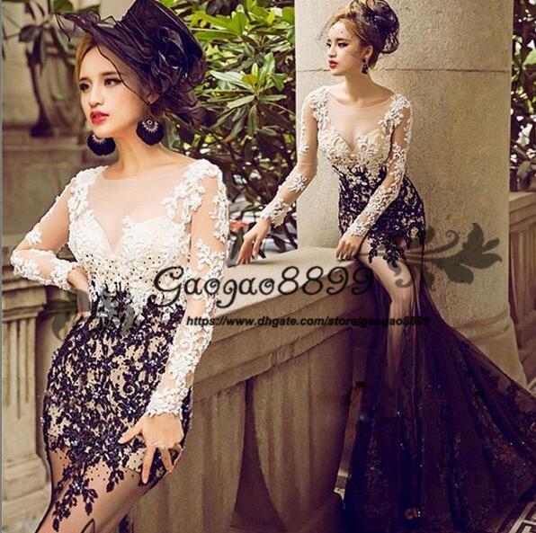 Glamorous Dubai Formal Evening Dresses Long Sleeve sexy sheer Sweep Train lace Appliques Beaded Special Occasion Dress Prom Party Gowns 