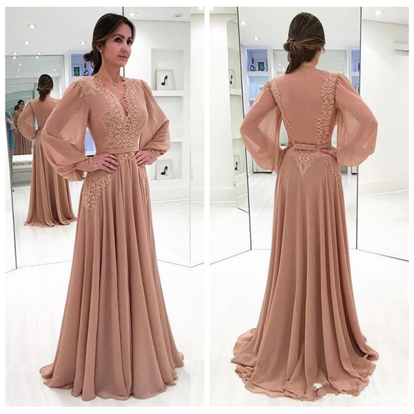 Elegant Lace Appliques Prom Dresses Sexy Deep V Neck Long Sleeves Chiffon Dubai Formal Evening Party Gown Vestidos Festa